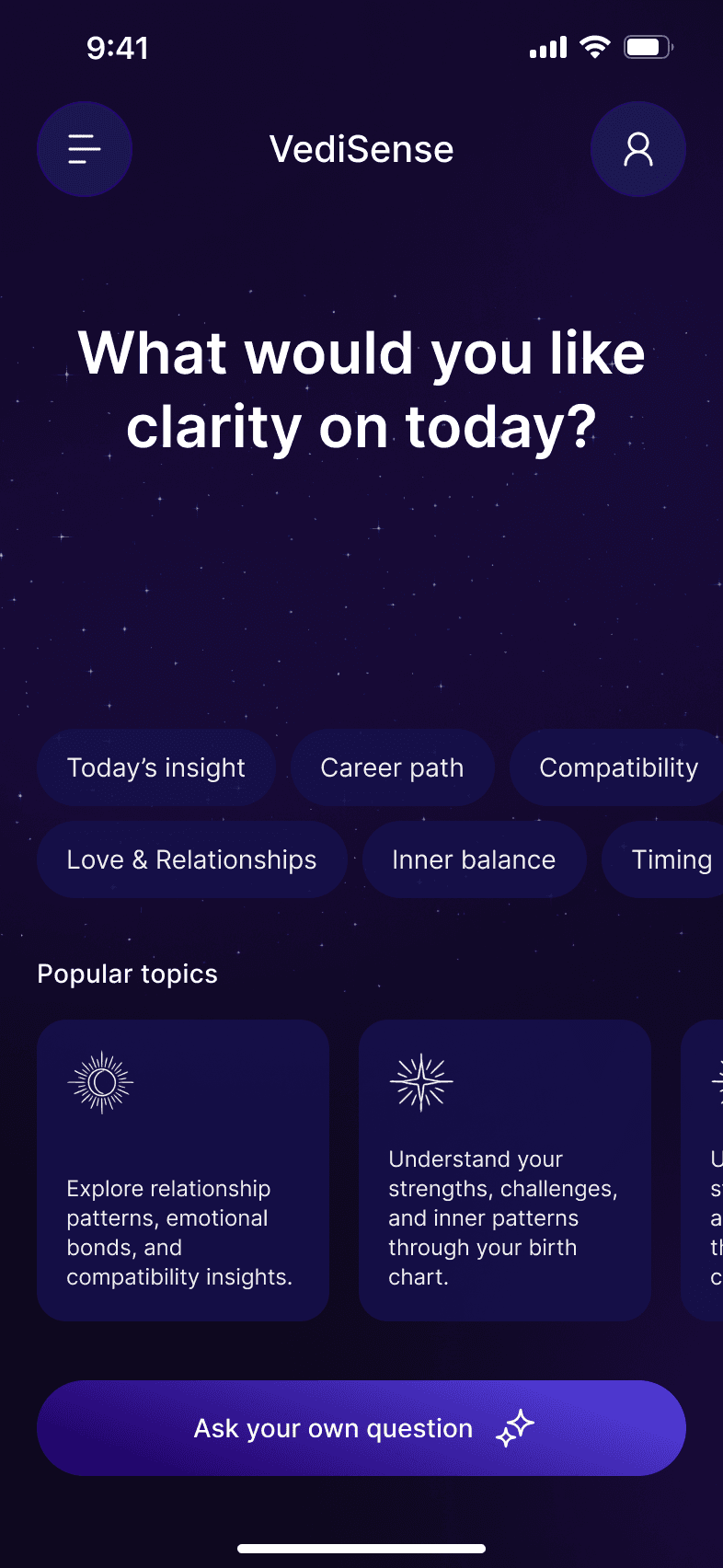 VediSense AI astrologer chat interface showing personalized Vedic astrology conversation