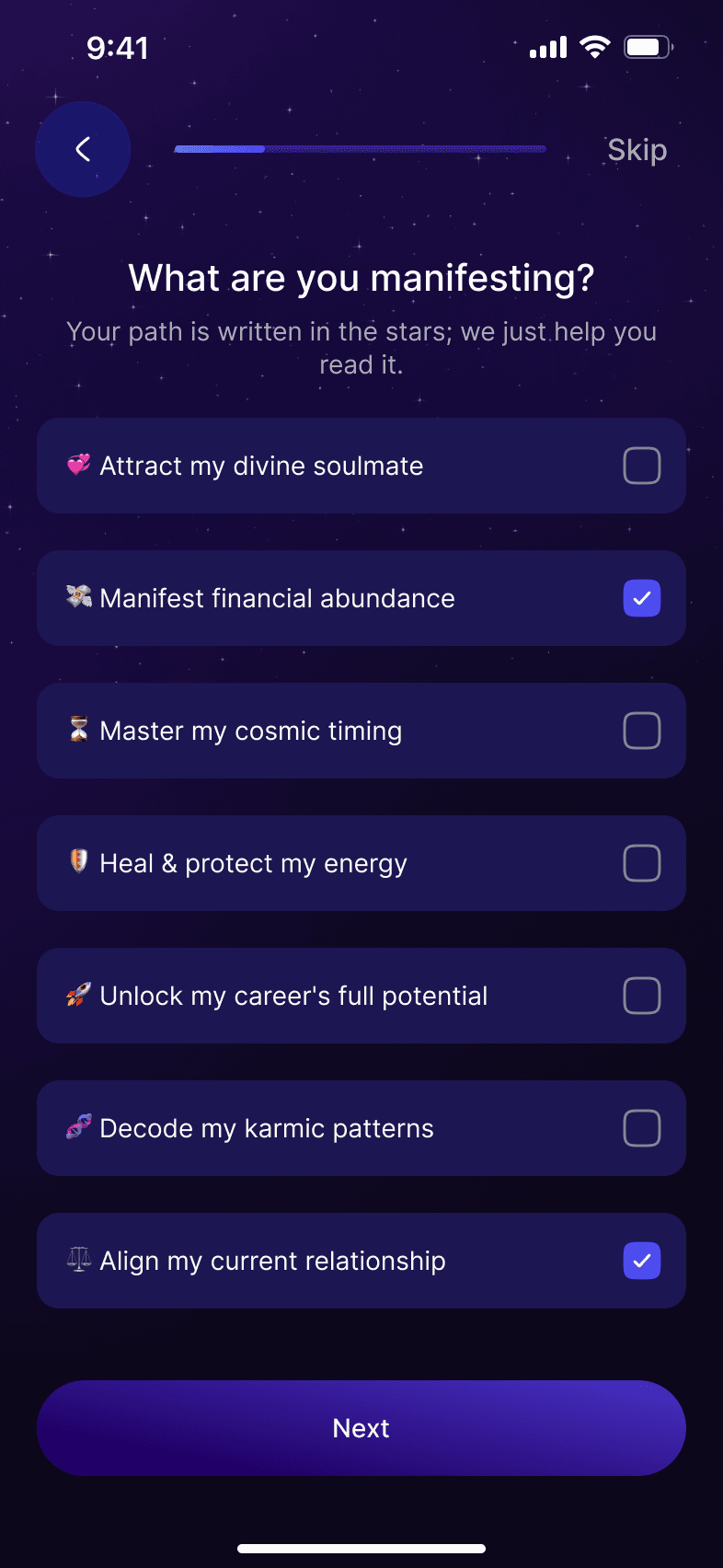 Choose your cosmic goals like soulmate, career, or karmic patterns