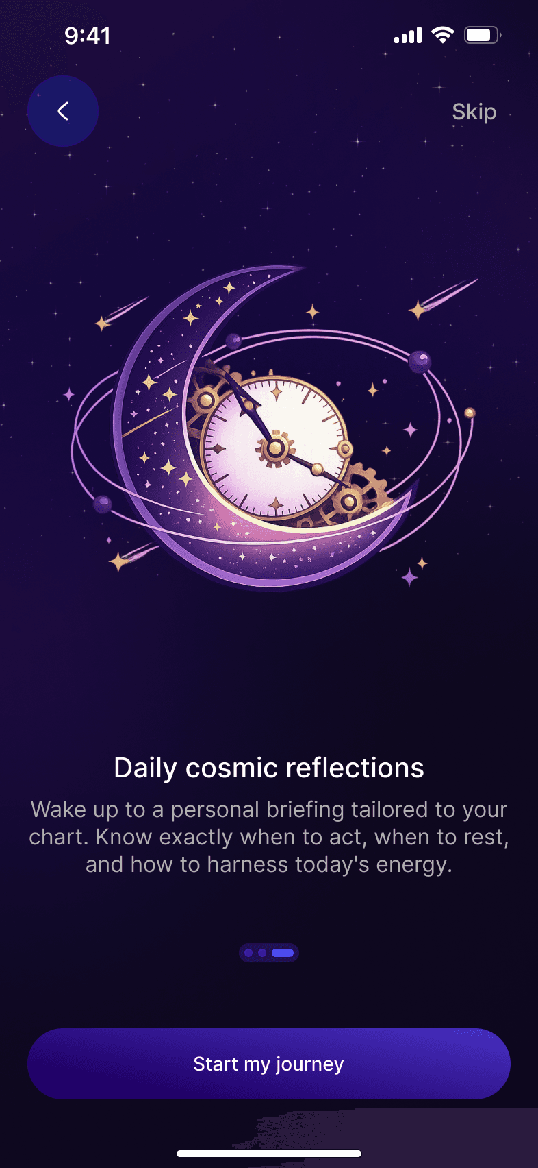 VediSense onboarding screen showing daily cosmic reflections feature
